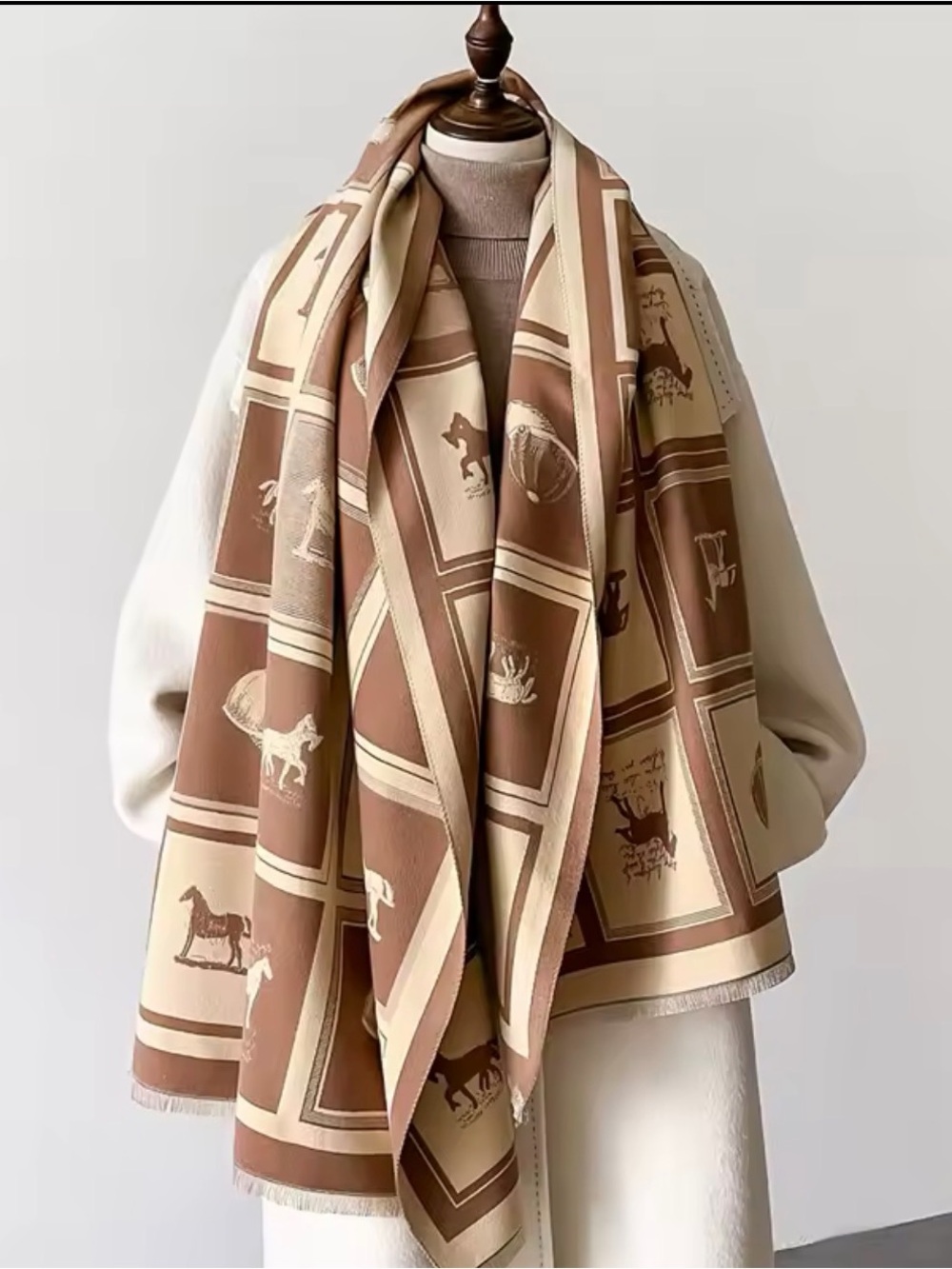 Equestrian-Print Brown & Cream Wrap Scarf